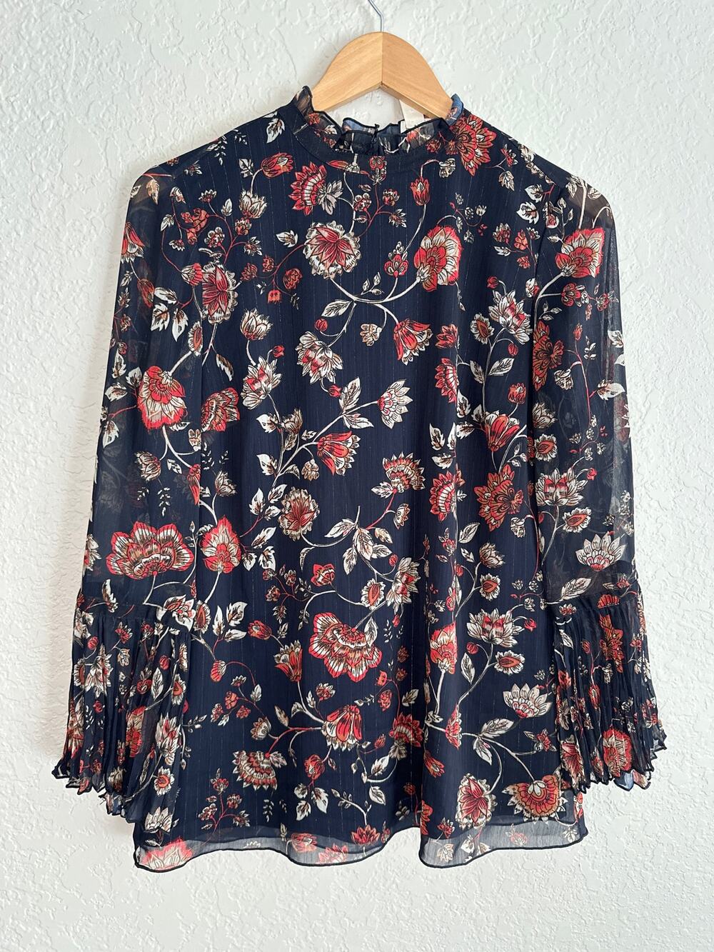 Modest High Neck Floral Top Gold Threads Navy Blue Demure Forest Garden Woodsy